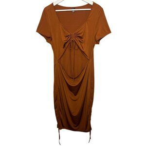 SHEIN Curve Brown Bodycon Dress 2XL Ruched Cut Out Short Sleeve